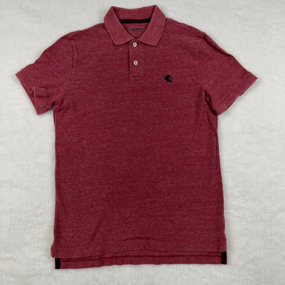 Express Pique Polo Mens Small Red Heathered Lion Logo Short Sleeve Cotton Shirt